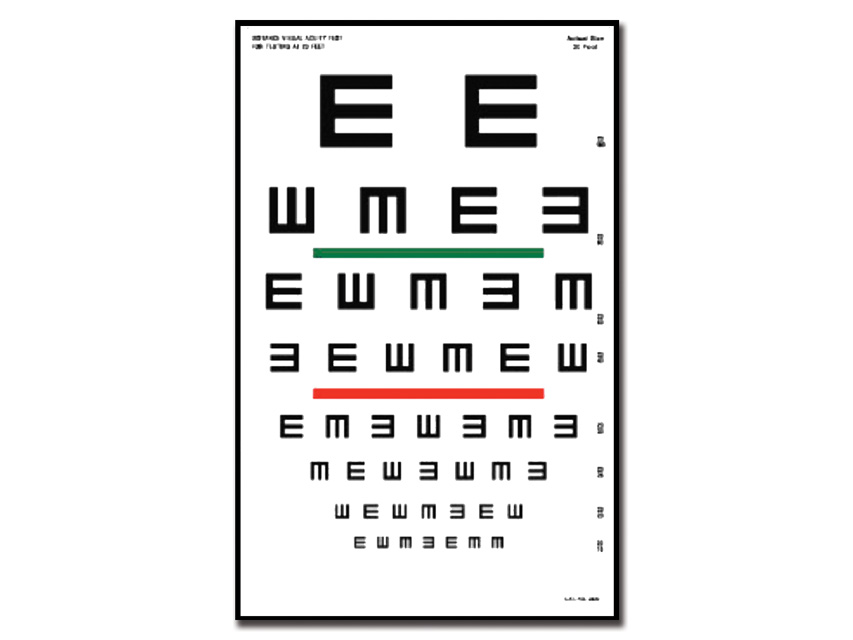 Tumbling E optometriskā tabula - 6 m - 23x35.5 cm