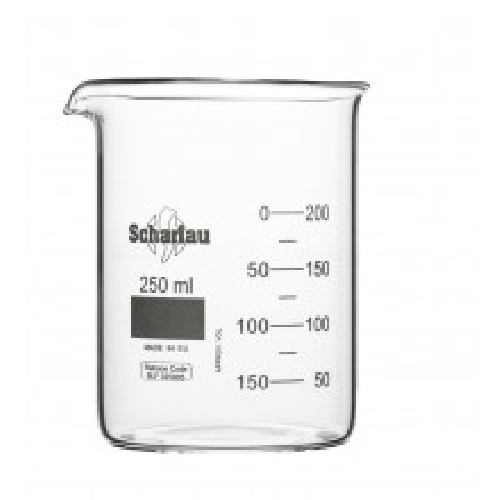 No stikla, Beaker, low form, graduated, borosilicate glass DIN 12331. SCHARLAU