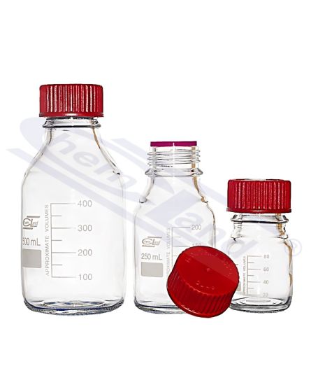 Pudeles ar skrūvējamu vāciņu, pudele ar sarkanu uzskrūvējamu vāciņu 0100ml līdz 200 oC