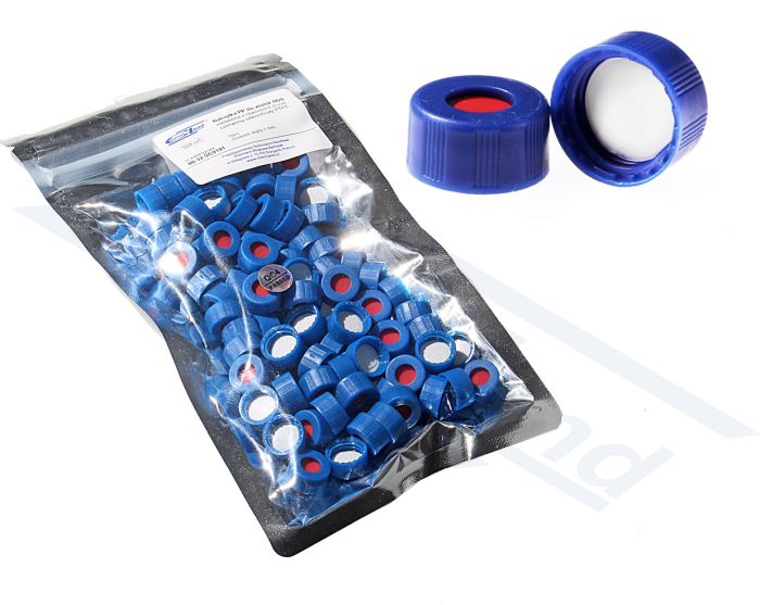 Skrūvējams vāciņš PP flakoniem ND9 ar caurumu 6mm, zils, ar sarkanu silikonu / baltu PTFE, 100 gab., pgk.100gab., Aizskrūvējams vāciņš PP flakoniem ND9 ar caurumu 6mm, zils, septes sarkans silikons / balts PTFE pgk.100gab.