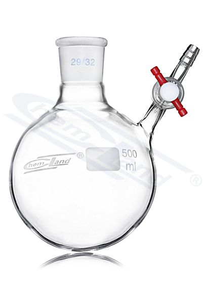Kolbas ar apaļu dibenu biezas, Schlenk 050ml kolba ar apaļu dibenu, slīpēta,, ar PTFE krānu CHEMLAND