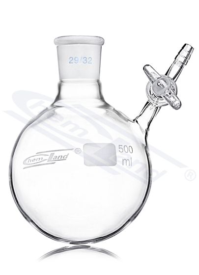 Kolbas ar apaļu dibenu biezas, Schlenk 050ml kolba ar apaļu dibenu, slīpēta , ar stikla krānu CHEMLAND