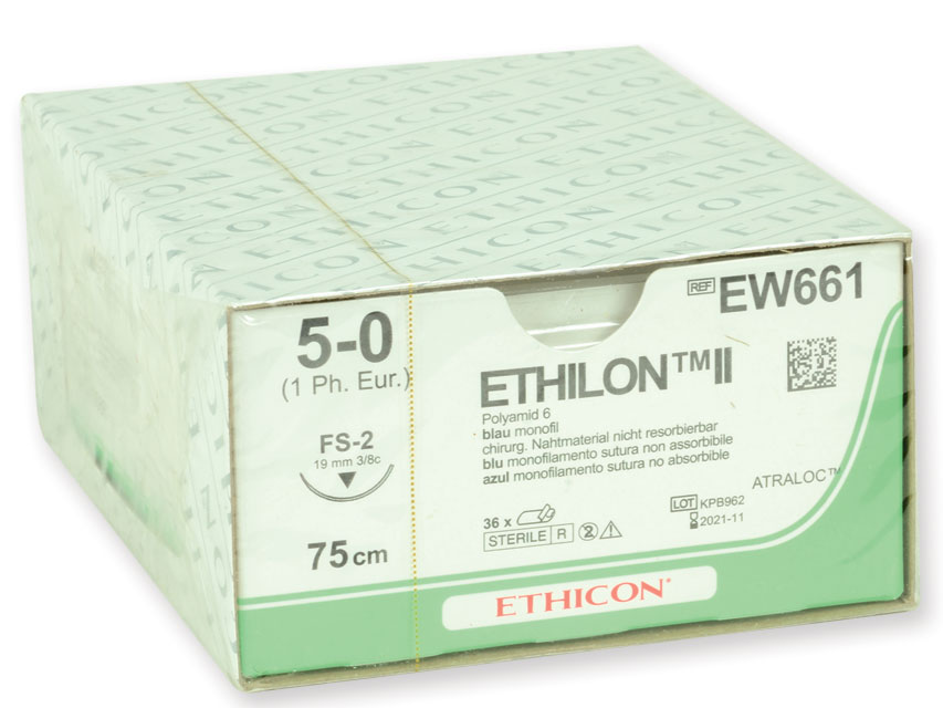 Šujamais materiāls, ETHICON ETHILON monofilamenta šuvju materiāls.Izmērs 5/0, adatas garums 19 mm