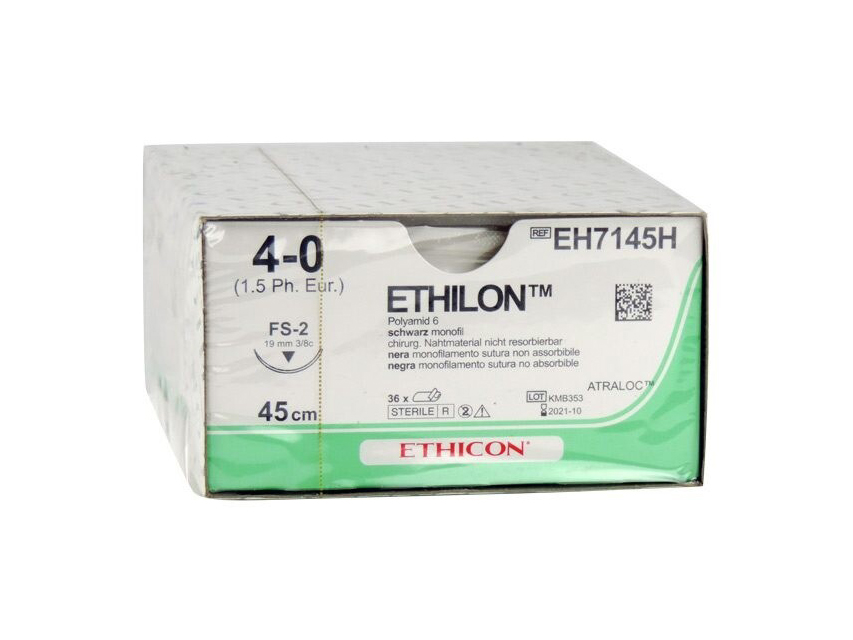 Šujamais materiāls, ETHICON ETHILON monofilamentas šuvju materiāls — izmērs 4/0, adata 19 mm