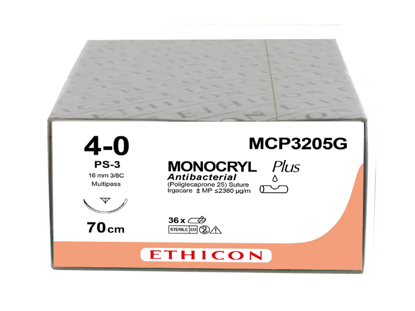 Sutures, ETHICON MONOCRYL uzsūcošas šuves — izmērs 4/0, adata 16 mm