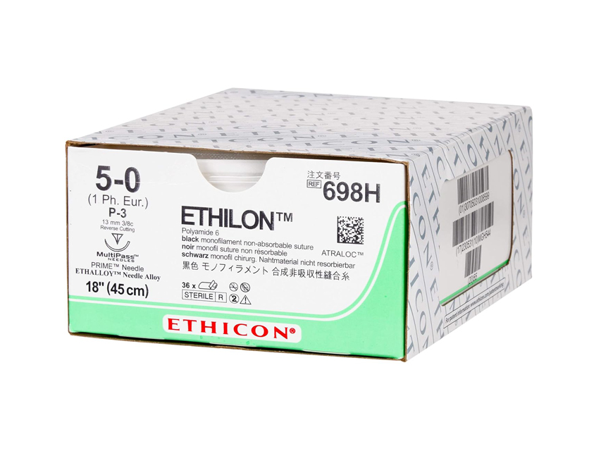 Šujamais materiāls, ETHICON ETHILON monofilamenta šuves. Izmērs 5/0, adatas garums 13 mm